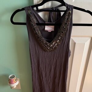 Romeo & Juliet Couture Gray Sleeveless Top with Beaded Tie Embellishment